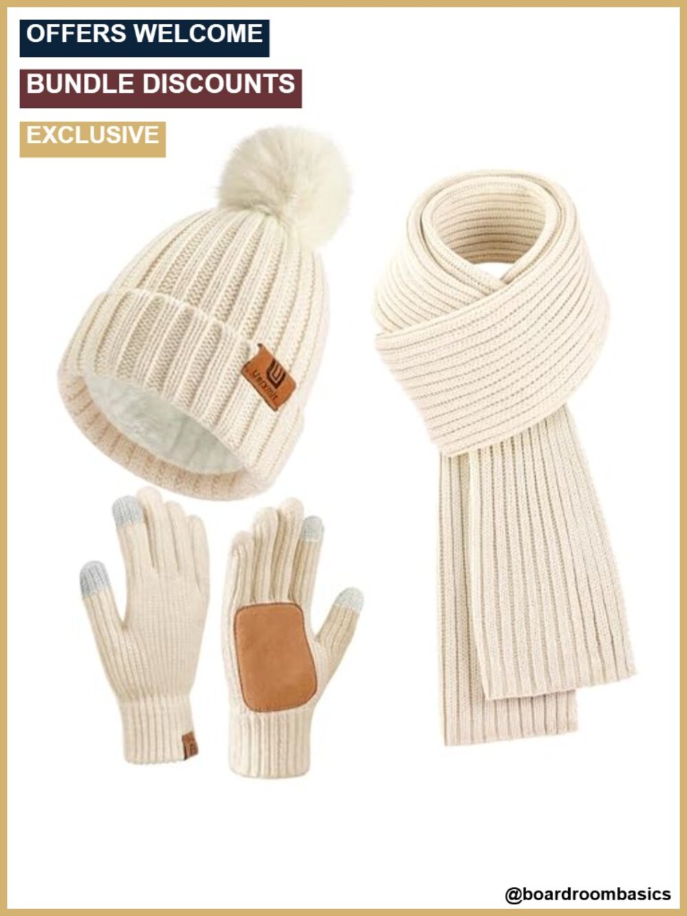 3-in-1 Acrylic Beanie Scarf Touchscreen Gloves Set Pom Pom